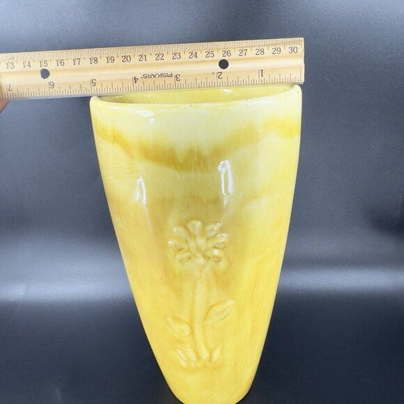 Antique Tall Yellow Pottery Vase Embossed Flower USA Hand Made Vase Vessel VTG - Picture 5 of 16